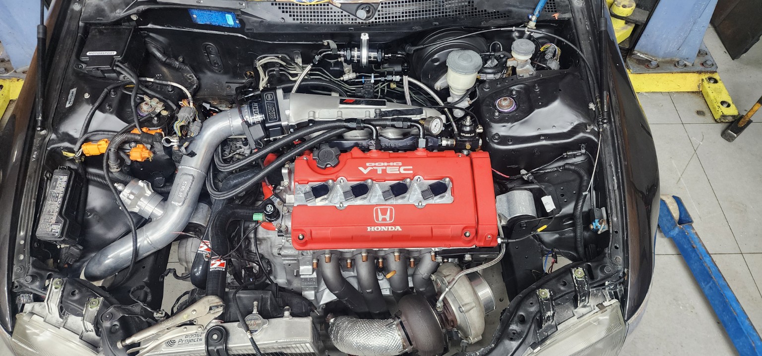 Turbocharged Honda engine bay